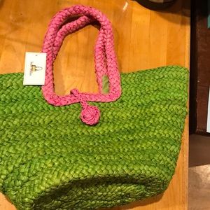 STRAW STUDIOS straw tote green and pink NWT cute